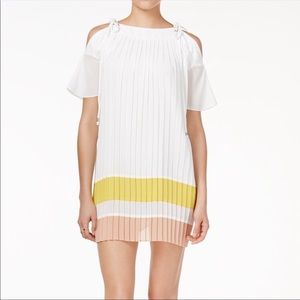 Endless Rose White Yellow Color Block Pleated Cold Shoulder Tie Shirt Dress
